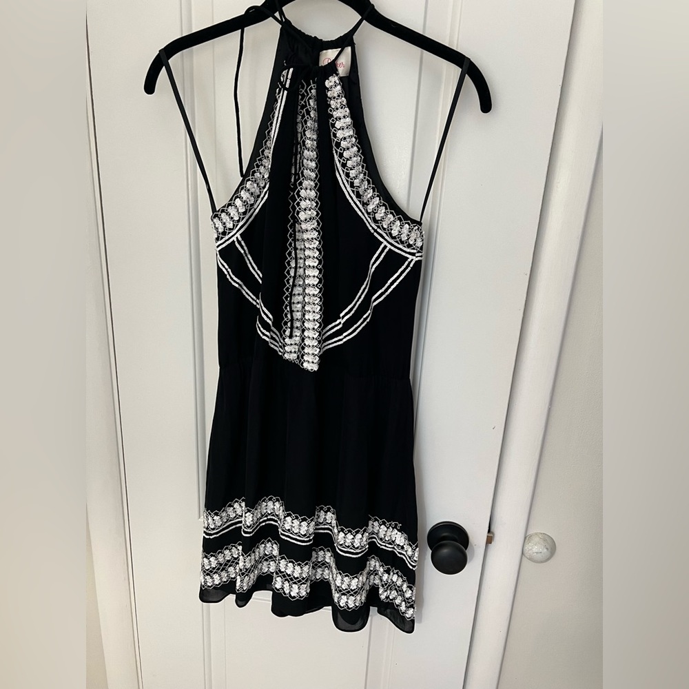 Parker | Black and White Silk Embroidered Dress